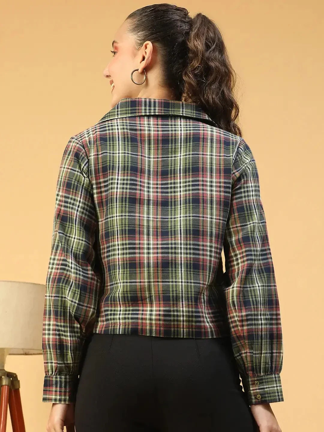 Multicolor Check Print Long Sleeve Open Collared Button Down Women Crop Shirt - oxolloxo