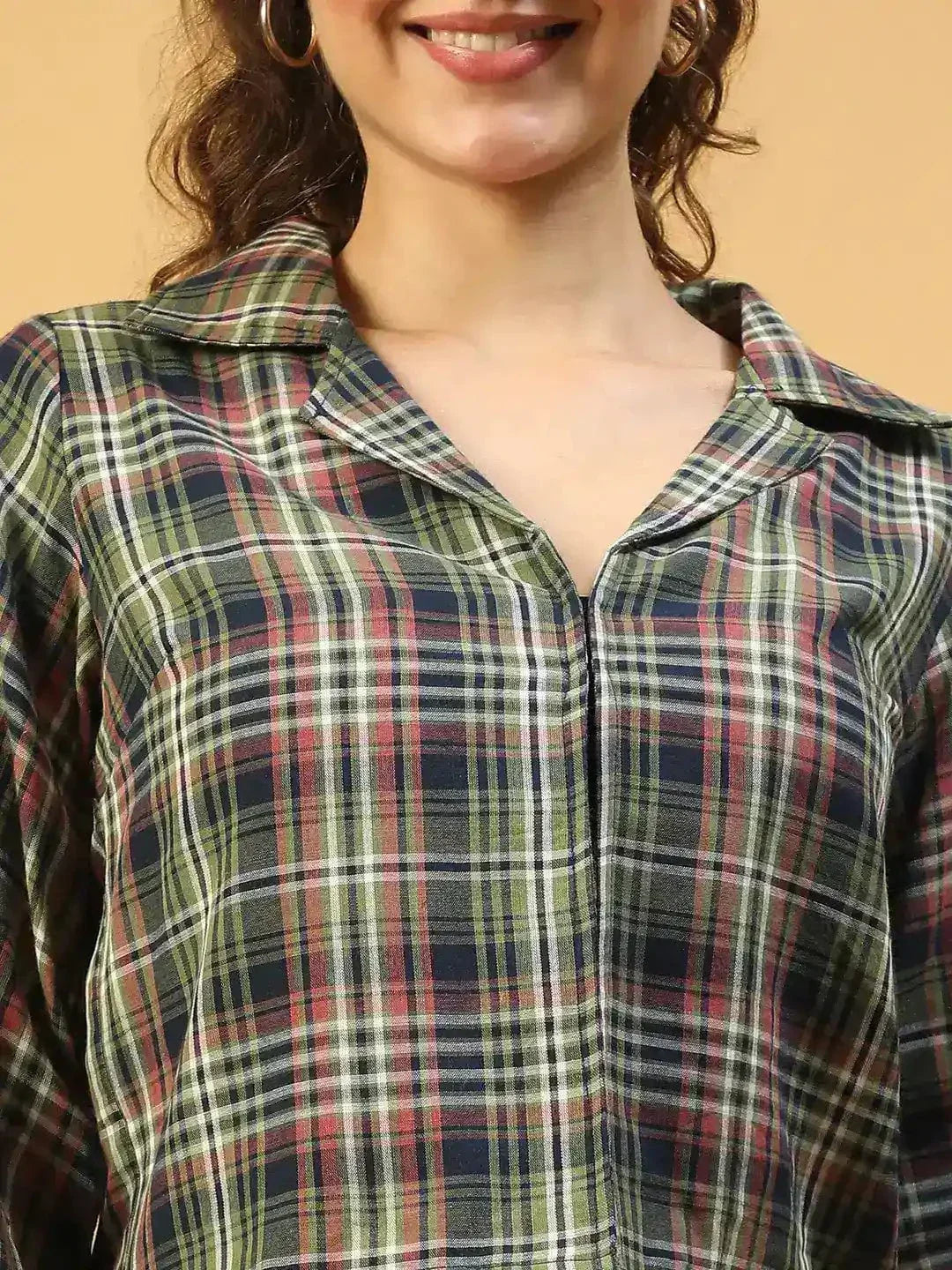 Multicolor Check Print Long Sleeve Open Collared Button Down Women Crop Shirt - oxolloxo