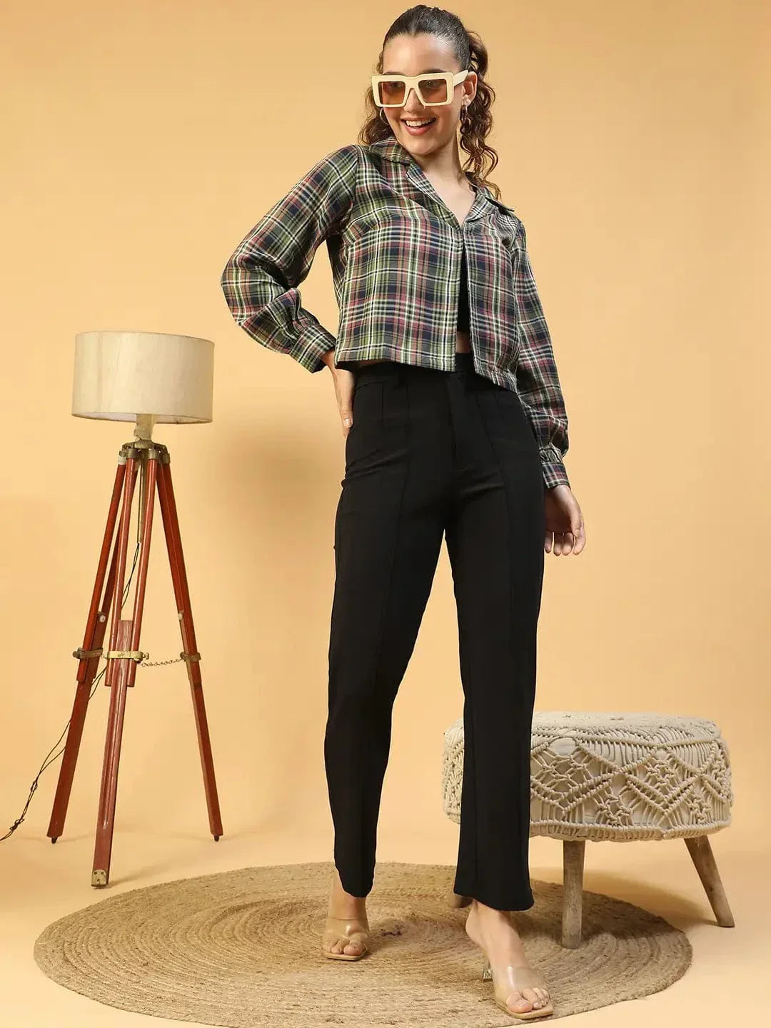 Multicolor Check Print Long Sleeve Open Collared Button Down Women Crop Shirt - oxolloxo