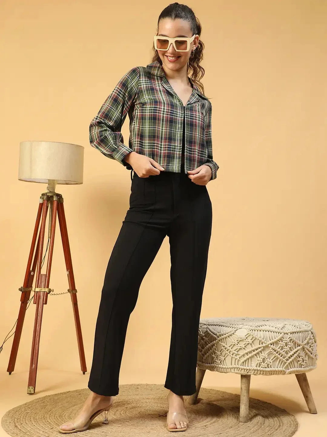 Multicolor Check Print Long Sleeve Open Collared Button Down Women Crop Shirt - oxolloxo