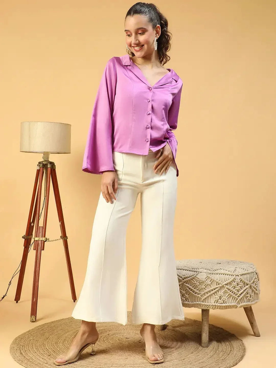 Magnify Purple Open Collar Long Sleeve Button Down Women Satin Shirt - oxolloxo