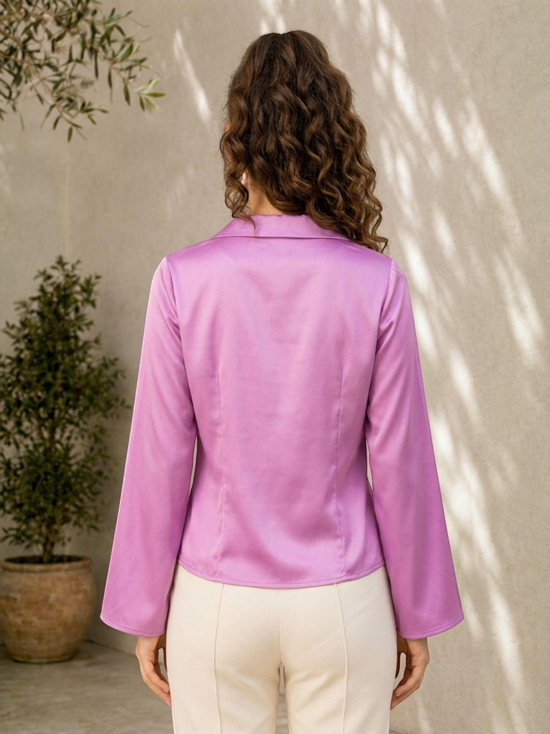 Lavender satin blazer for women, back view, paired with cream trousers, stylish plus size fashion