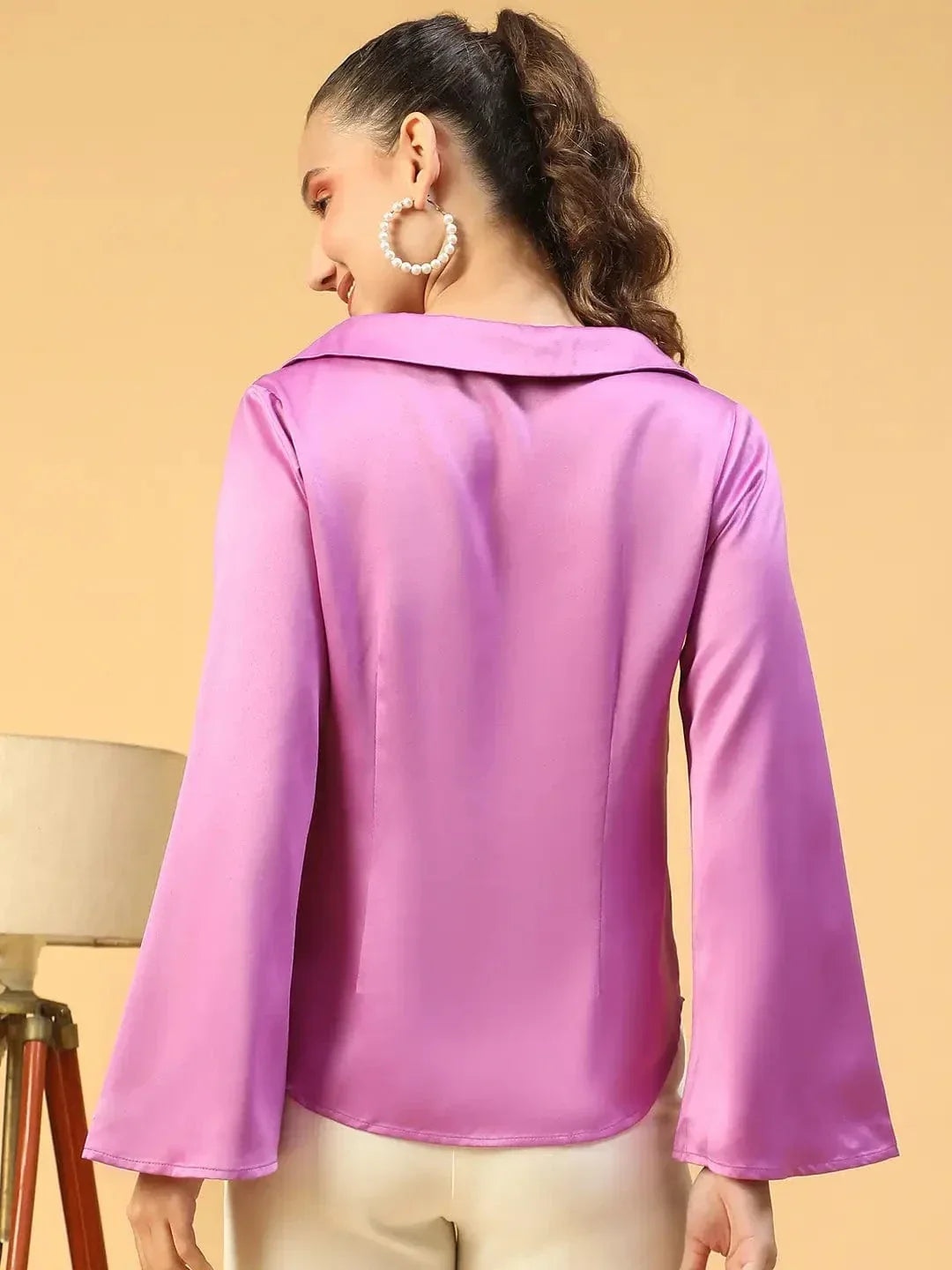 Magnify Purple Open Collar Long Sleeve Button Down Women Satin Shirt - oxolloxo