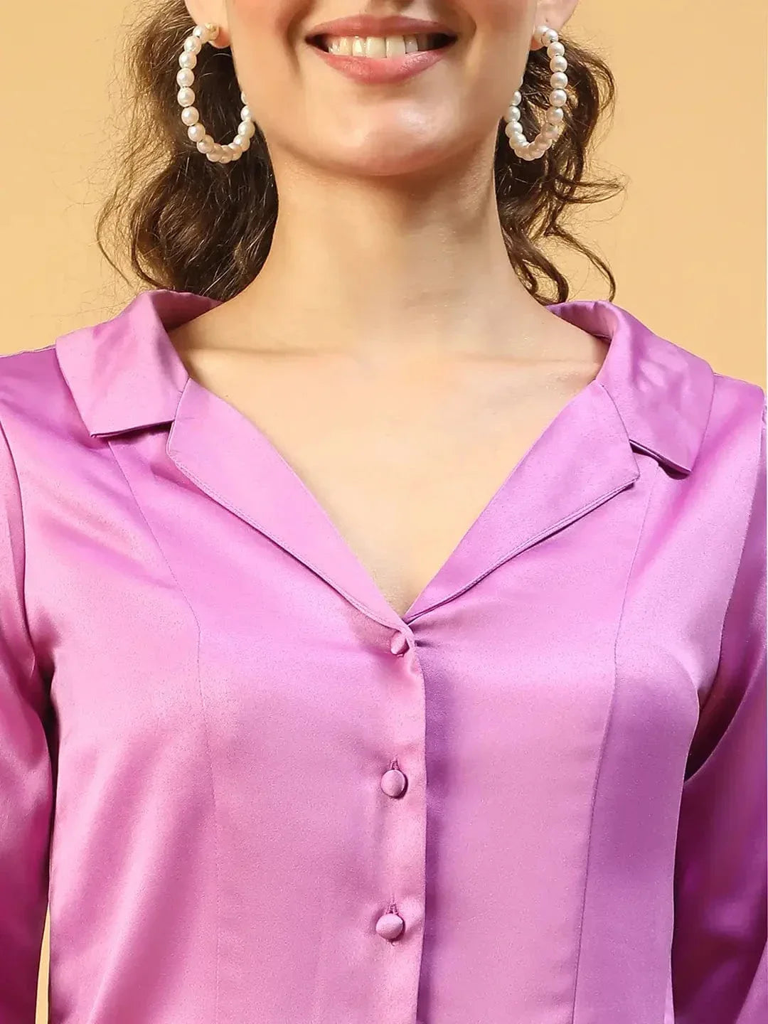 Magnify Purple Open Collar Long Sleeve Button Down Women Satin Shirt - oxolloxo