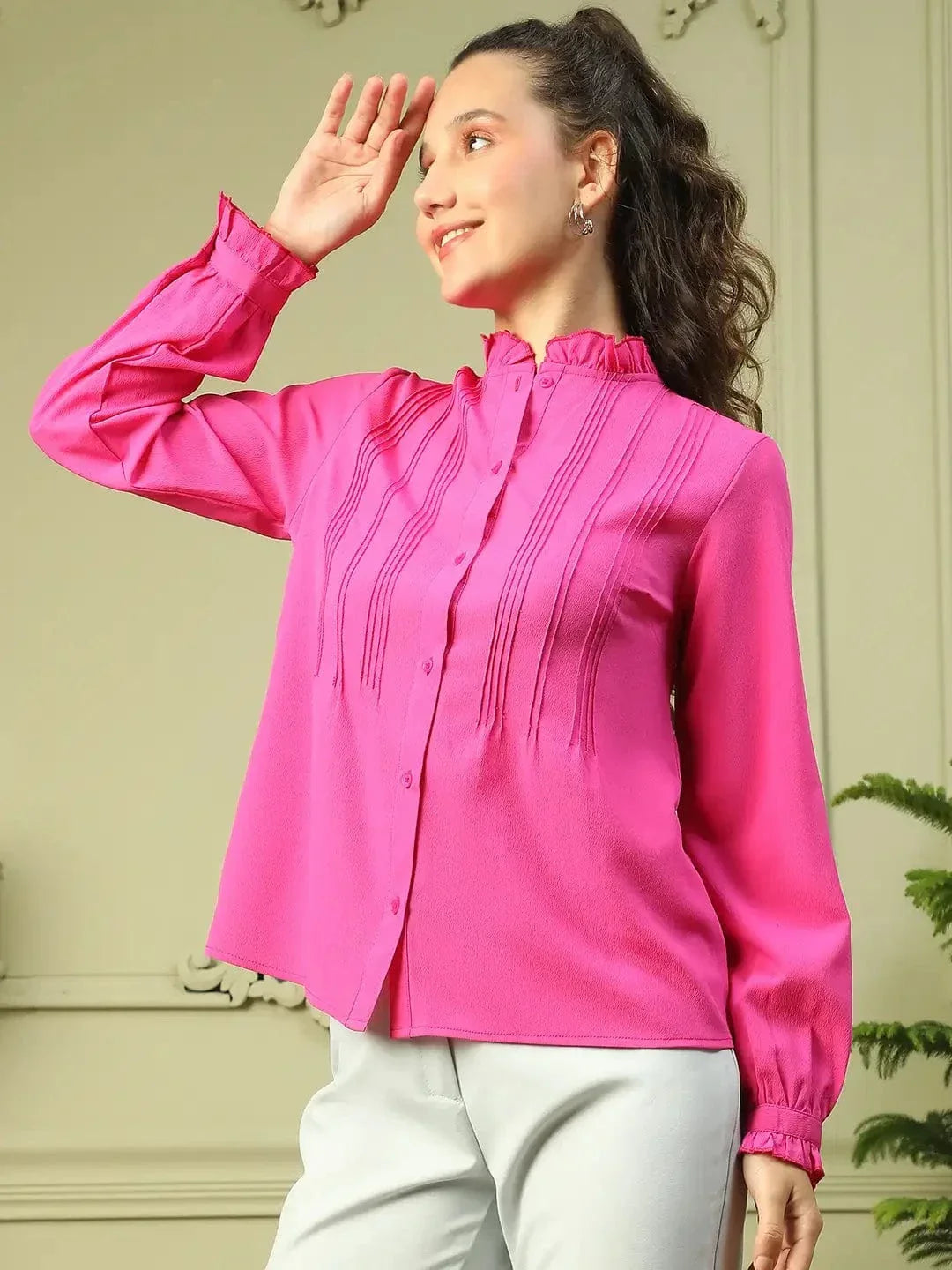 Roll Out Pink Frill Detailed Long Sleeve Button Down Women Pleated Shirt - oxolloxo