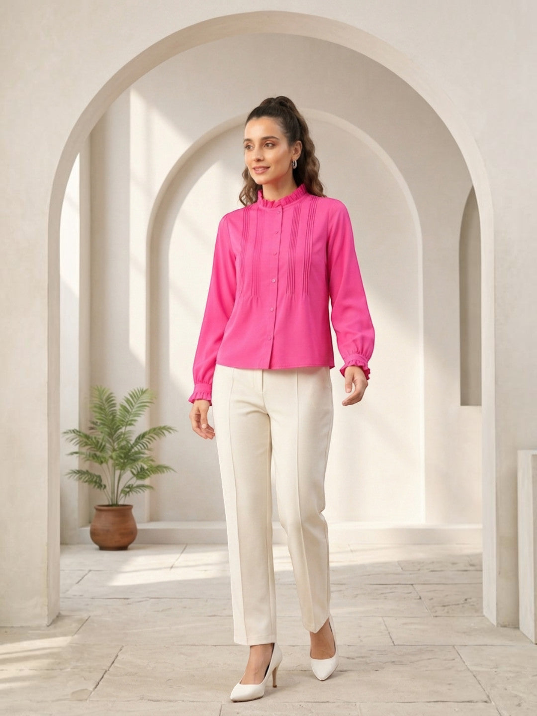 Pink pleated blouse with white pants, stylish women's fashion outfit for work or casual wear