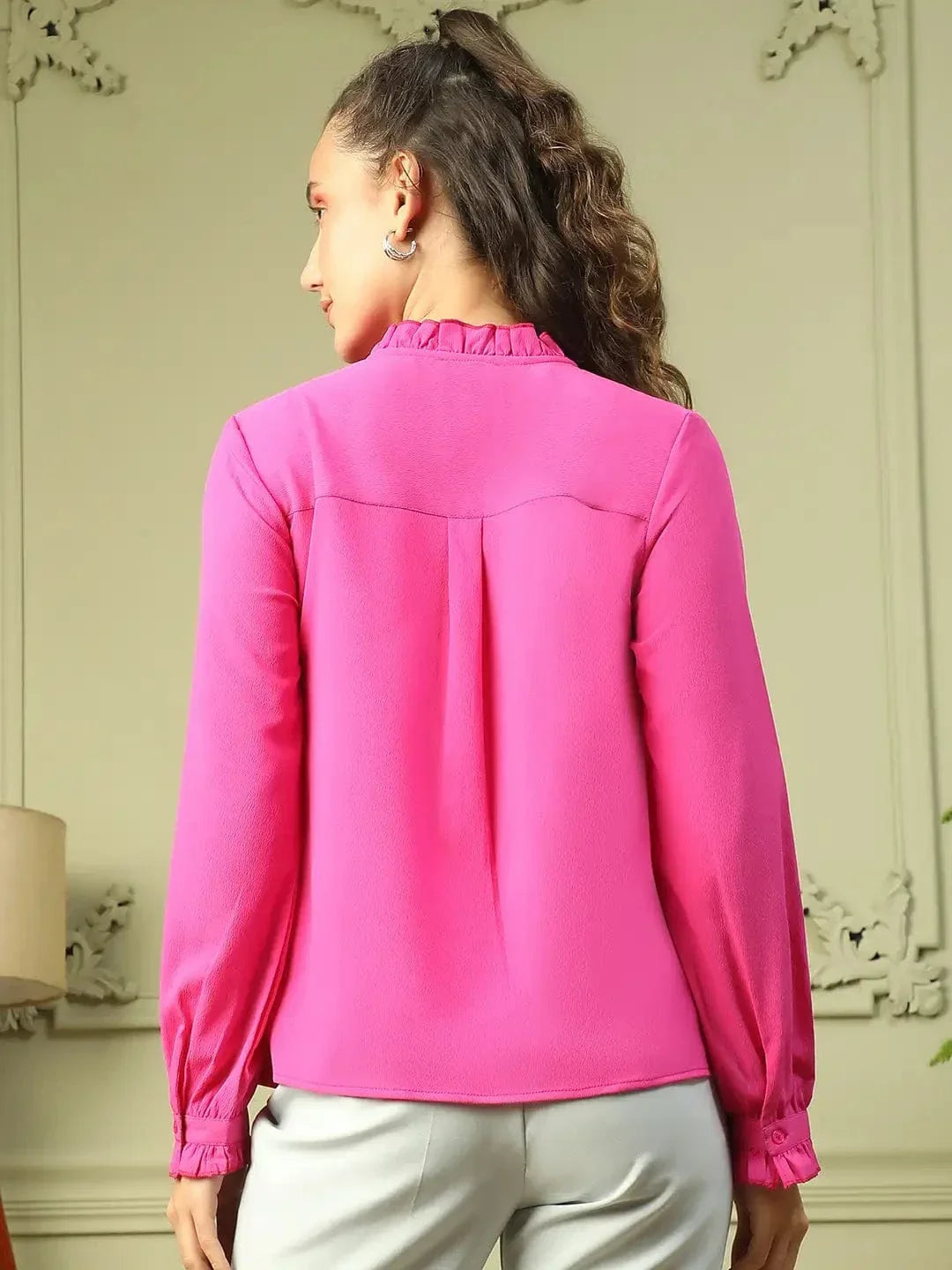 Roll Out Pink Frill Detailed Long Sleeve Button Down Women Pleated Shirt - oxolloxo
