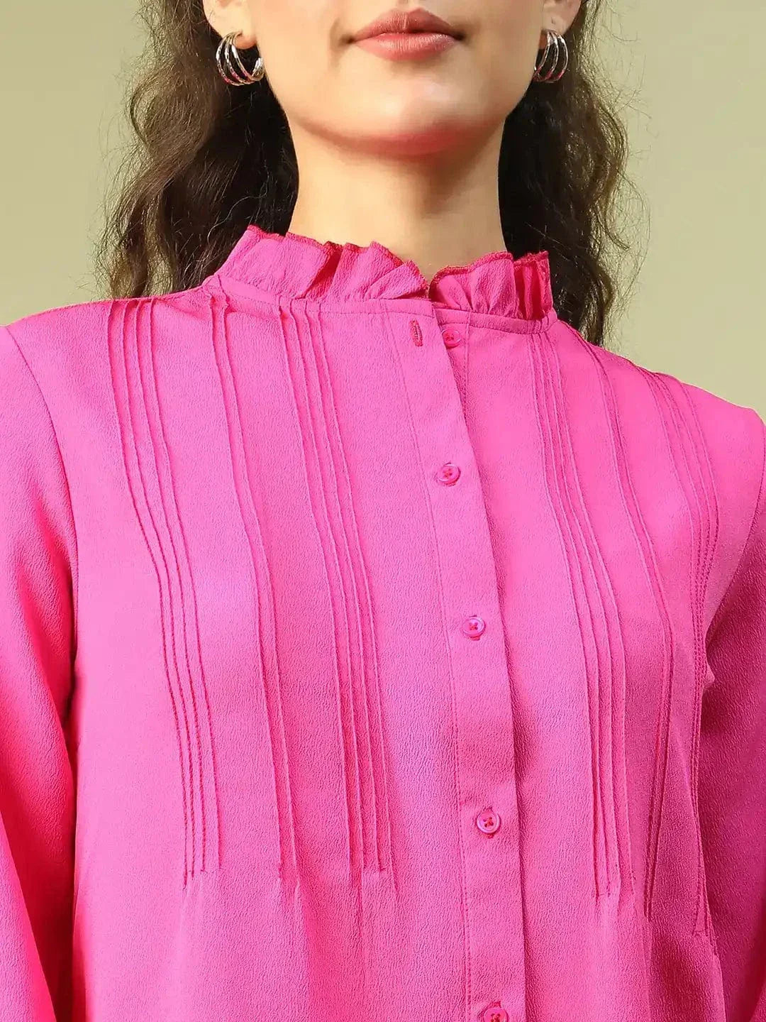 Roll Out Pink Frill Detailed Long Sleeve Button Down Women Pleated Shirt - oxolloxo