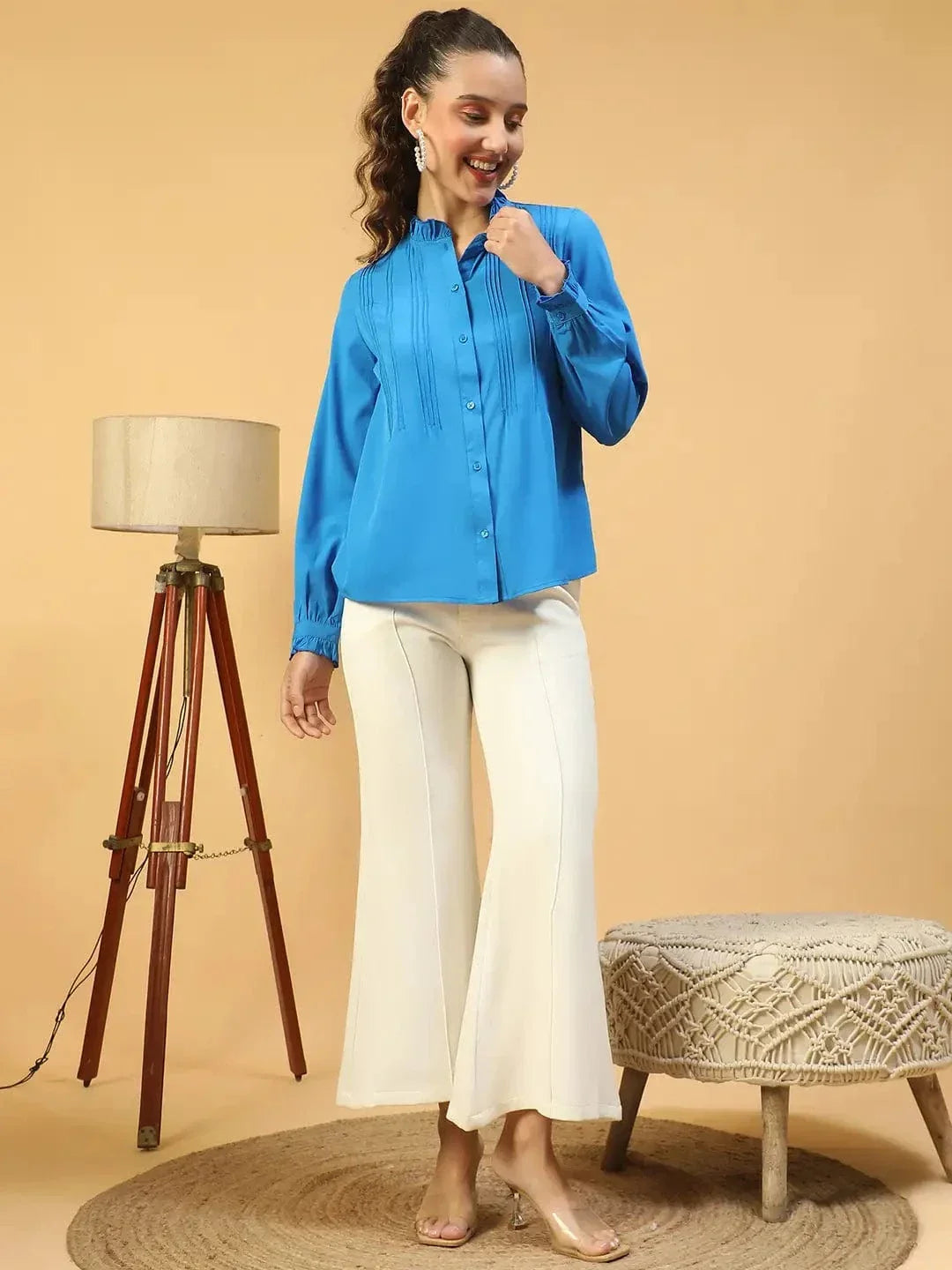 Imply Blue Frill Detailed Long Sleeve Button Down Women Pleated Shirt - oxolloxo