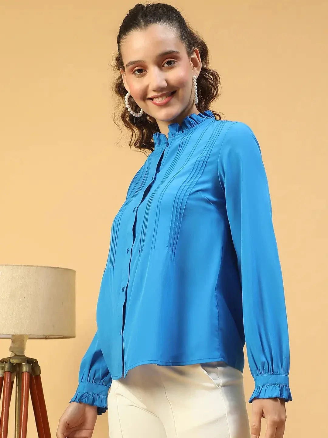 Imply Blue Frill Detailed Long Sleeve Button Down Women Pleated Shirt - oxolloxo