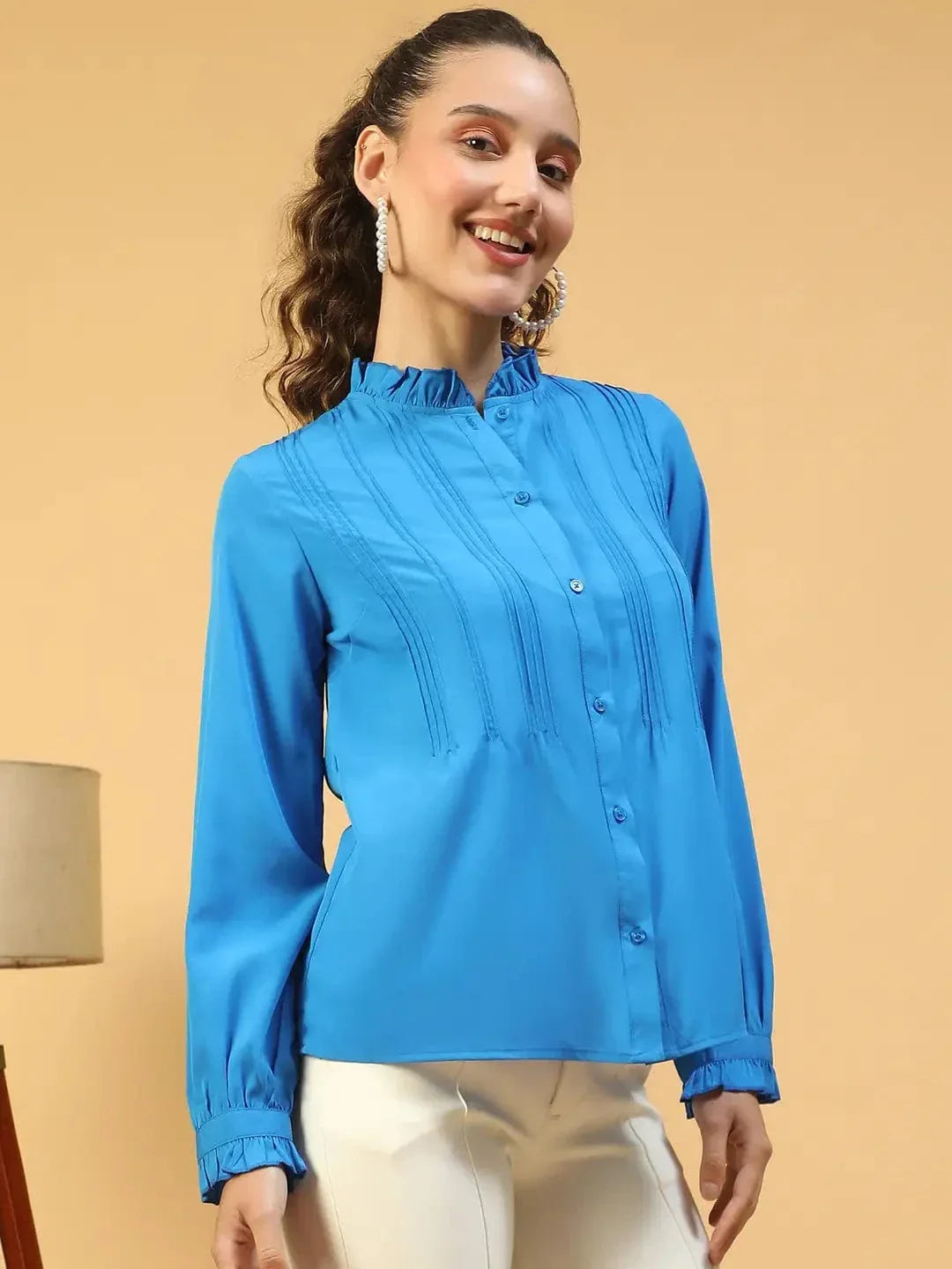 Imply Blue Frill Detailed Long Sleeve Button Down Women Pleated Shirt - oxolloxo