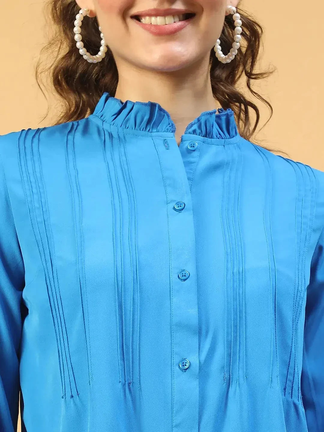 Imply Blue Frill Detailed Long Sleeve Button Down Women Pleated Shirt - oxolloxo