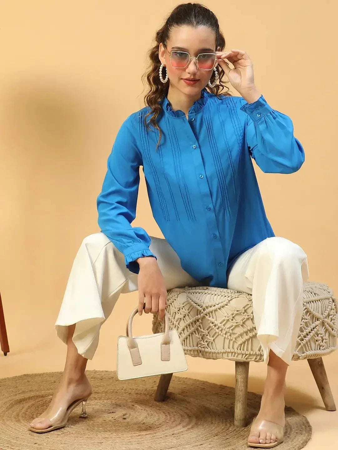 Imply Blue Frill Detailed Long Sleeve Button Down Women Pleated Shirt - oxolloxo