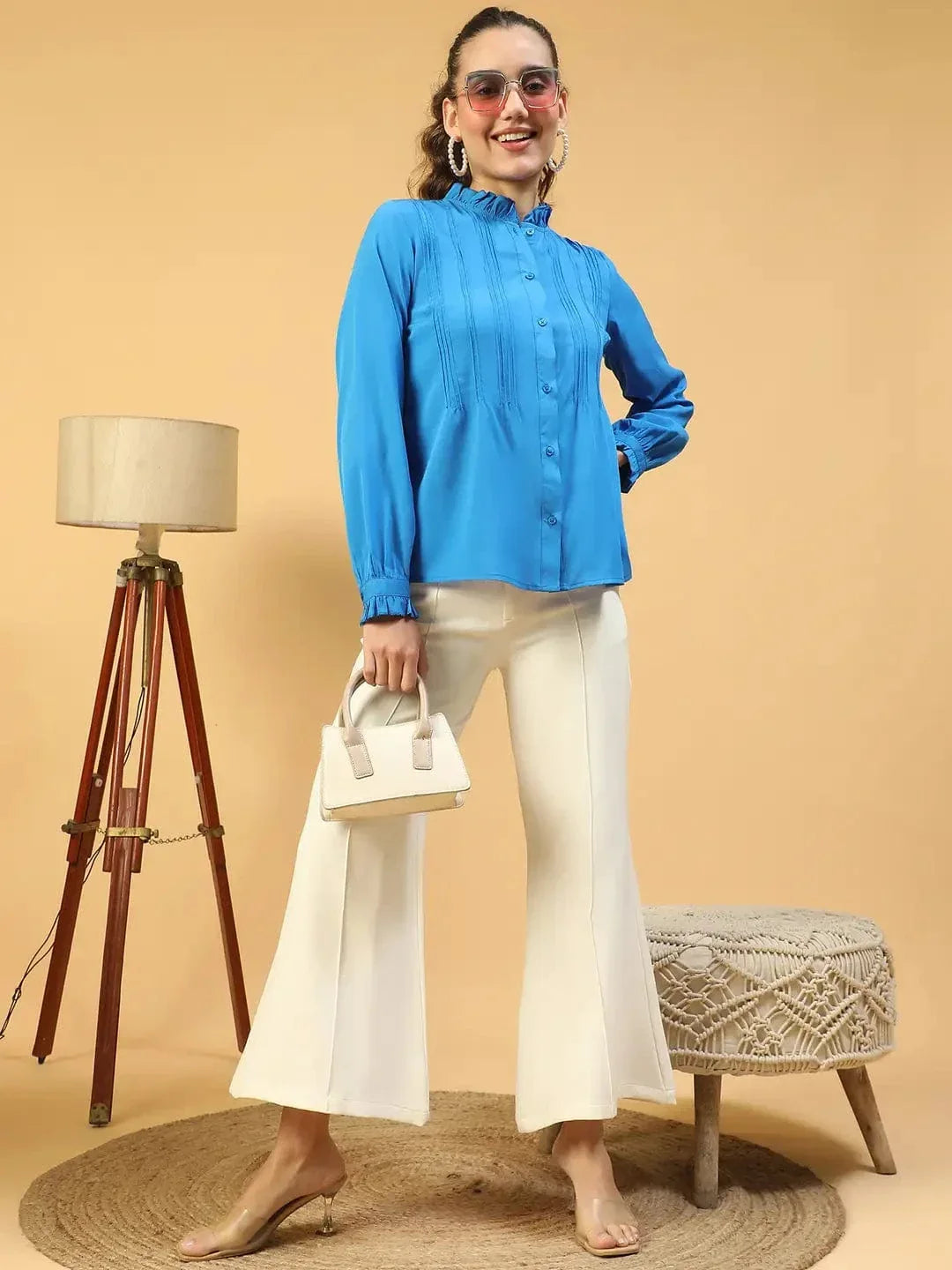 Imply Blue Frill Detailed Long Sleeve Button Down Women Pleated Shirt - oxolloxo