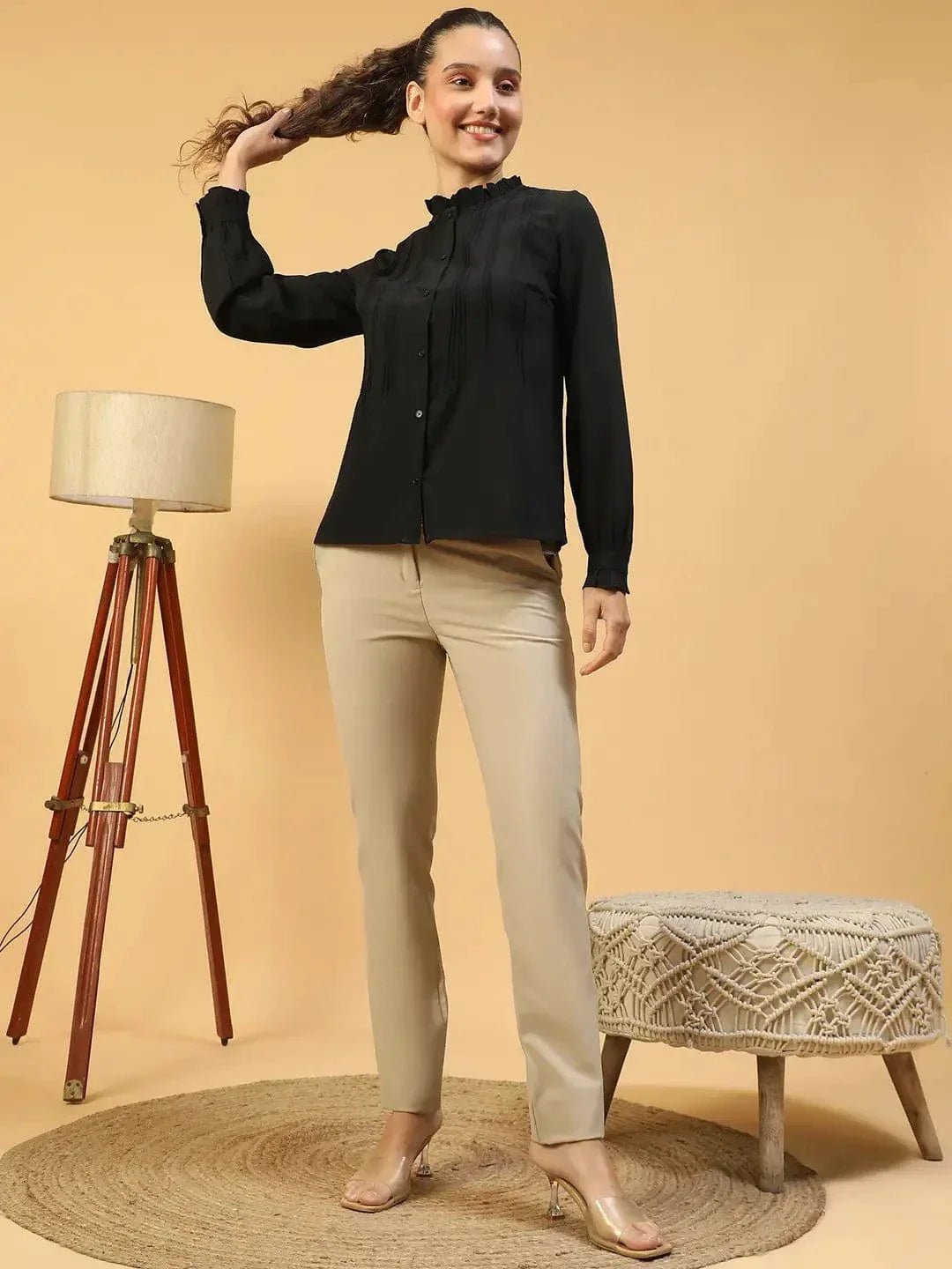 Beautiful Black Frill Detailed Long Sleeve Button Down Women Pleated Shirt - oxolloxo