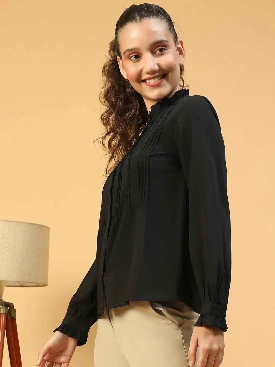 Beautiful Black Frill Detailed Long Sleeve Button Down Women Pleated Shirt - oxolloxo