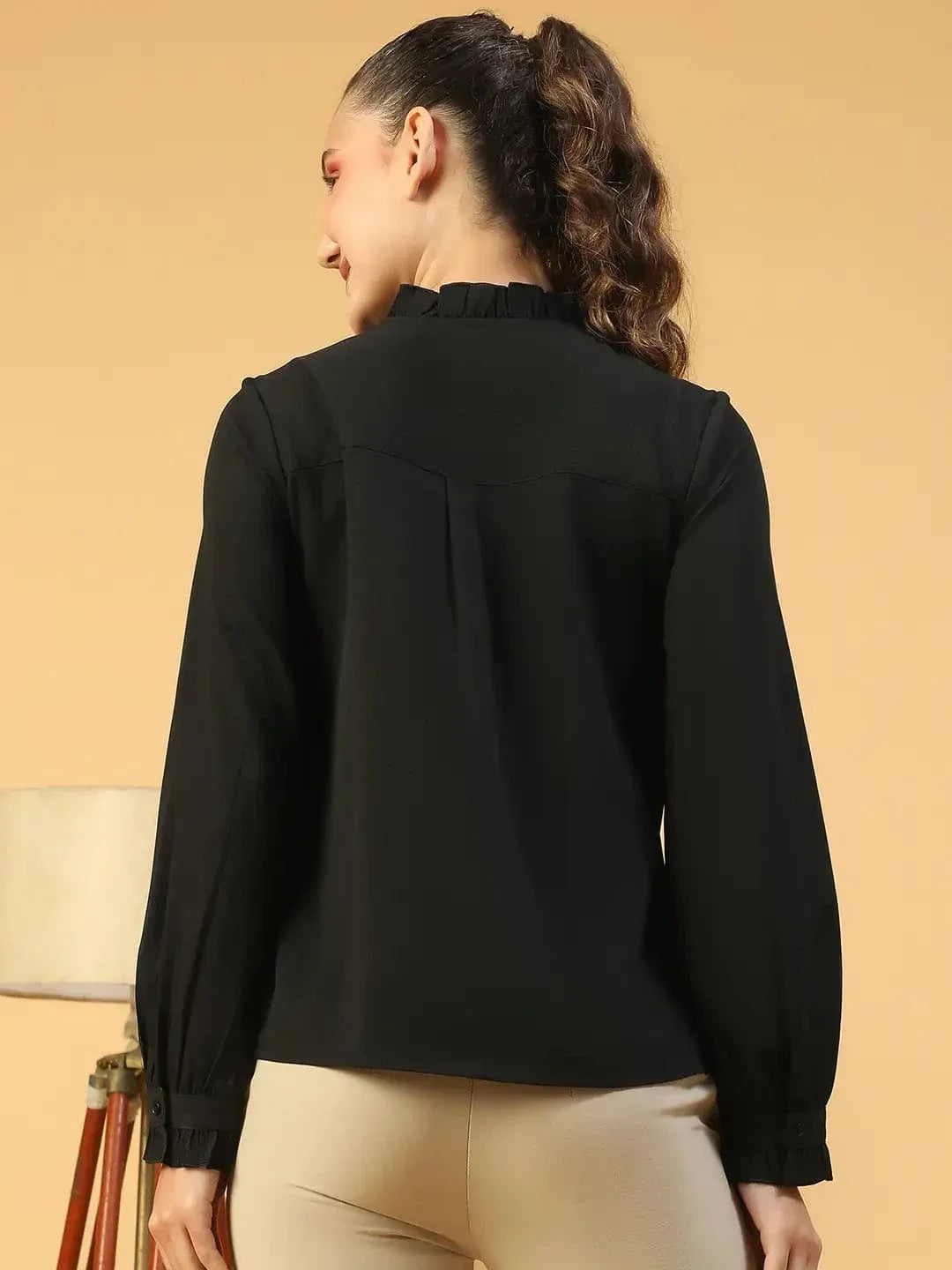 Beautiful Black Frill Detailed Long Sleeve Button Down Women Pleated Shirt - oxolloxo