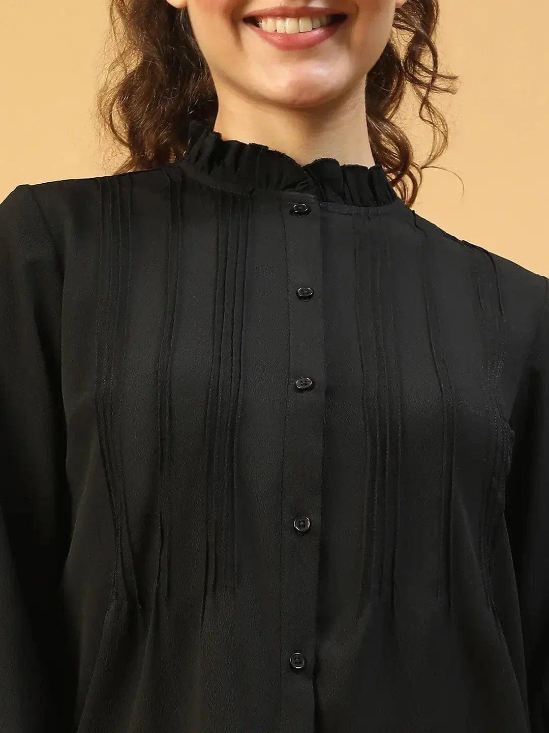 Beautiful Black Frill Detailed Long Sleeve Button Down Women Pleated Shirt - oxolloxo