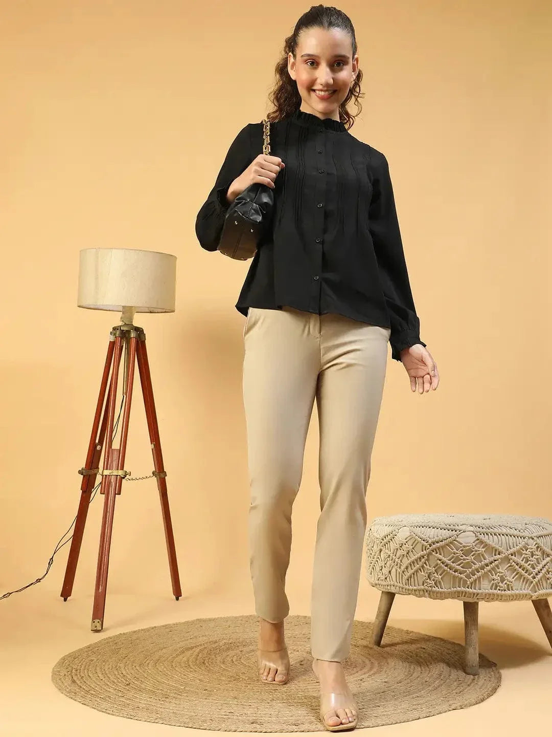 Beautiful Black Frill Detailed Long Sleeve Button Down Women Pleated Shirt - oxolloxo