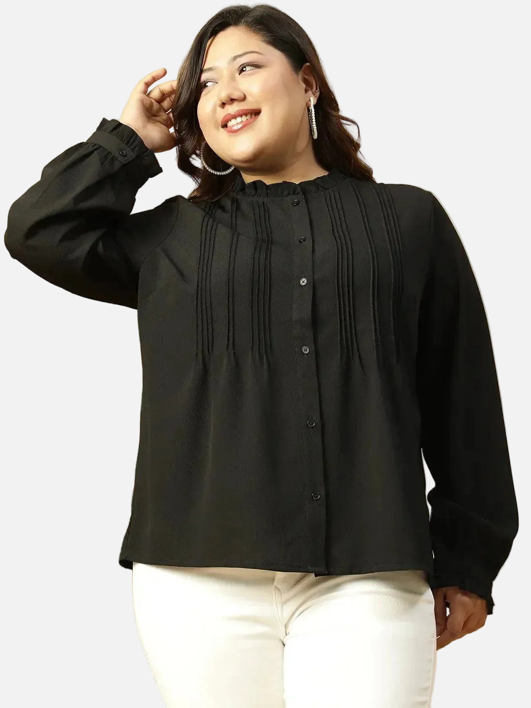 Zone Black Long Sleeve Button Down Plus Size Women Shirt - oxolloxo