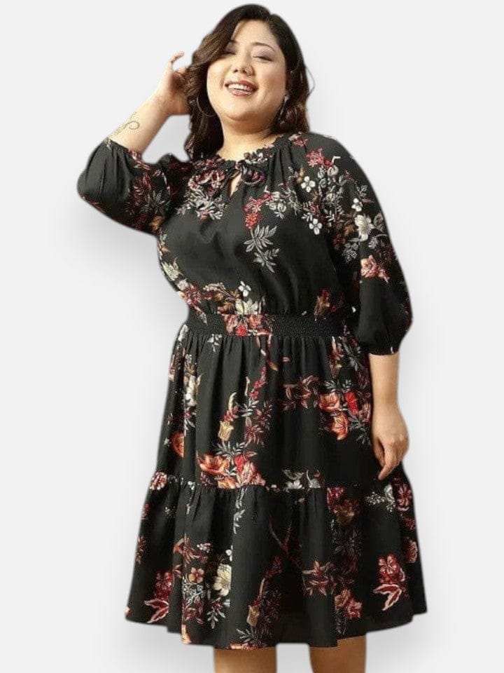 Plus Size Black Tropical Print Dress