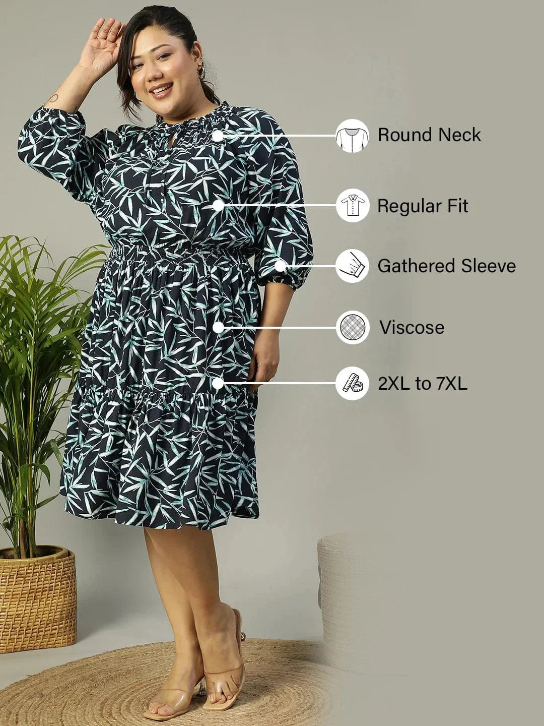 Plus size aqua blue tropical print smocked viscose dress, photo 2