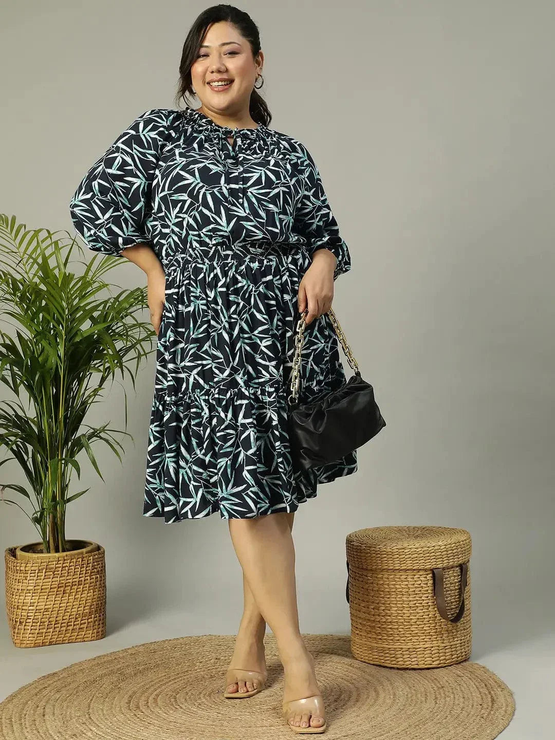 Plus size aqua blue tropical print smocked viscose dress