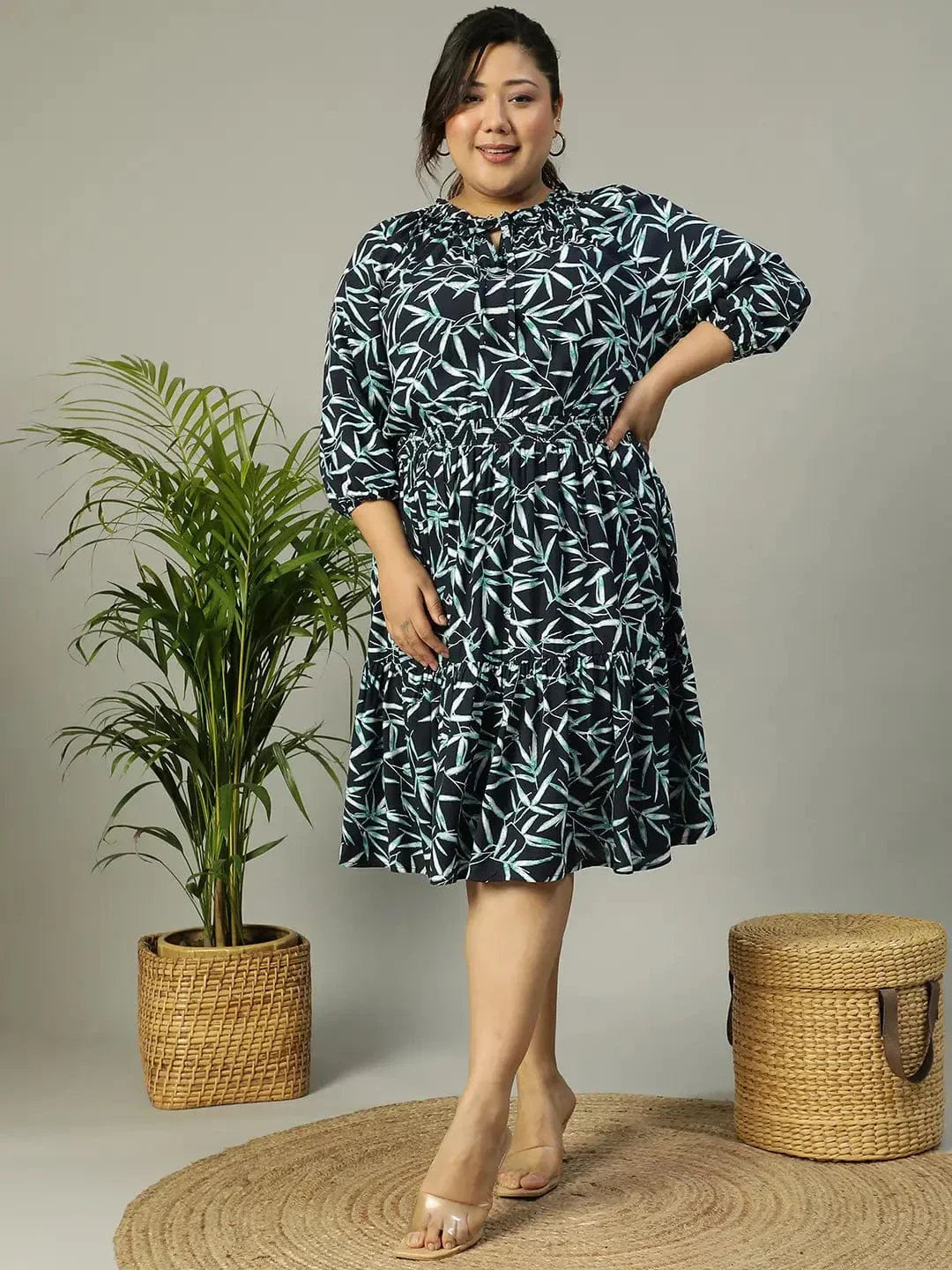 Plus size aqua blue tropical print smocked viscose dress, photo 3