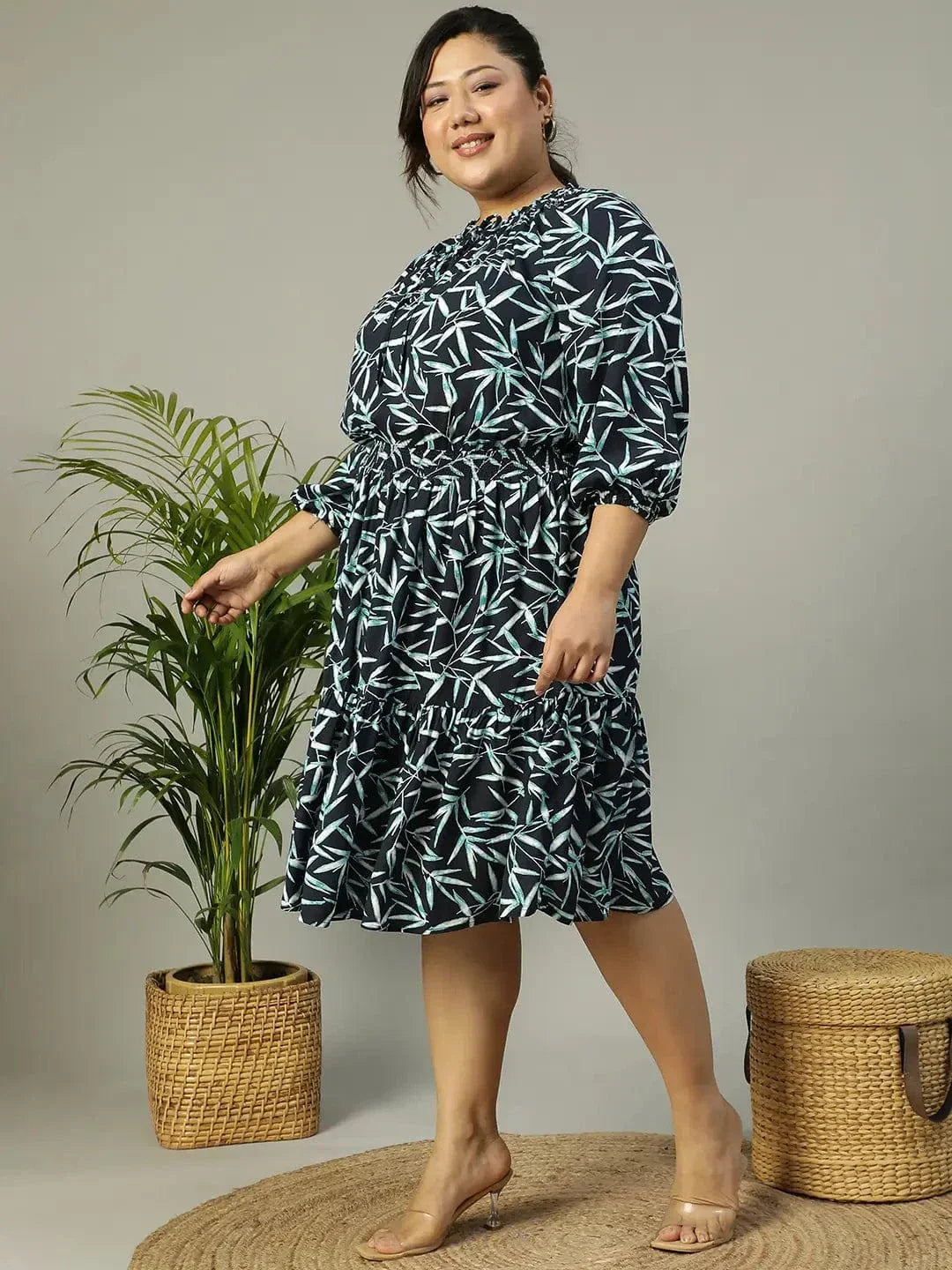 Plus size aqua blue tropical print smocked viscose dress, photo 4