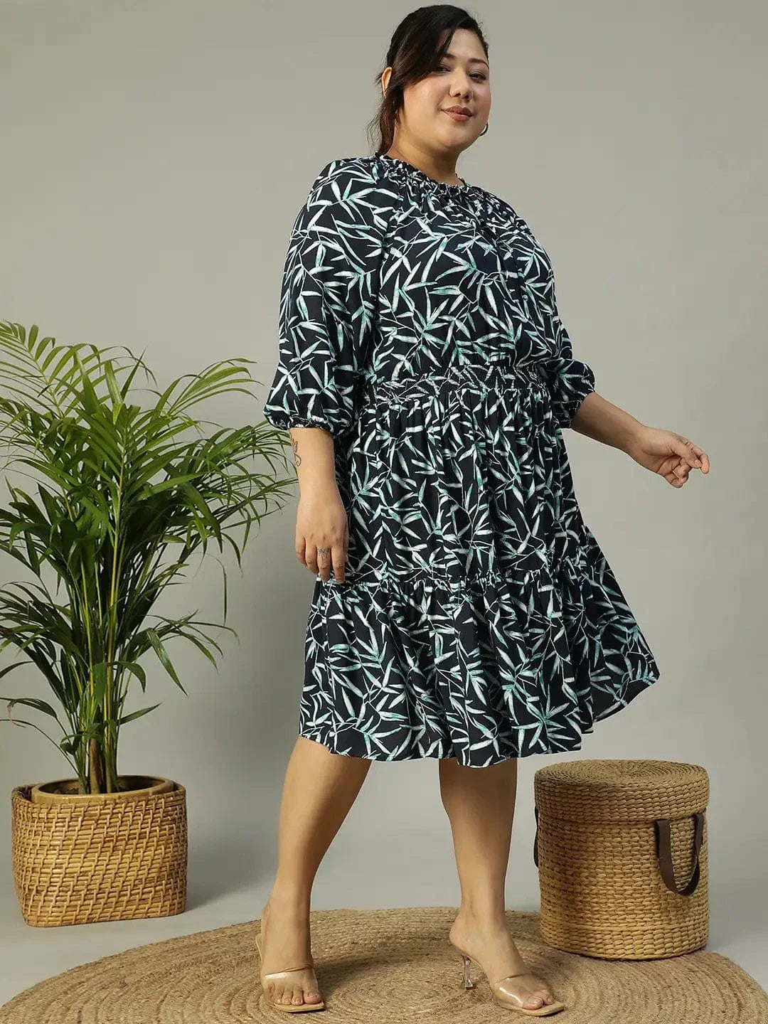 Plus size aqua blue tropical print smocked viscose dress, photo 6