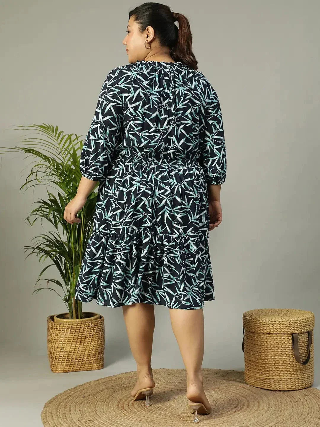 Plus size aqua blue tropical print smocked viscose dress, photo 5