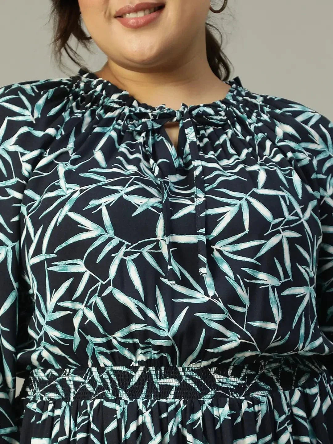 Plus size aqua blue tropical print smocked viscose dress, photo 7