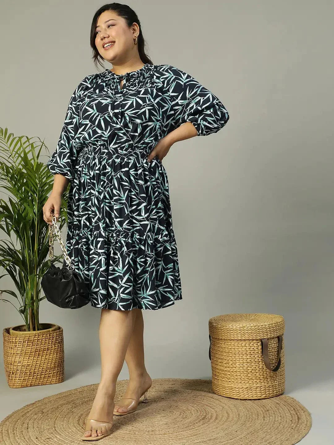 Plus size aqua blue tropical print smocked viscose dress, photo 8