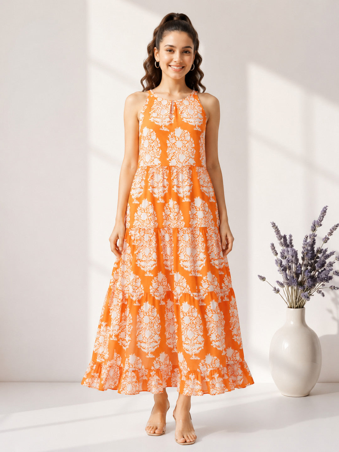 Orange Tropical Print Strap Dress