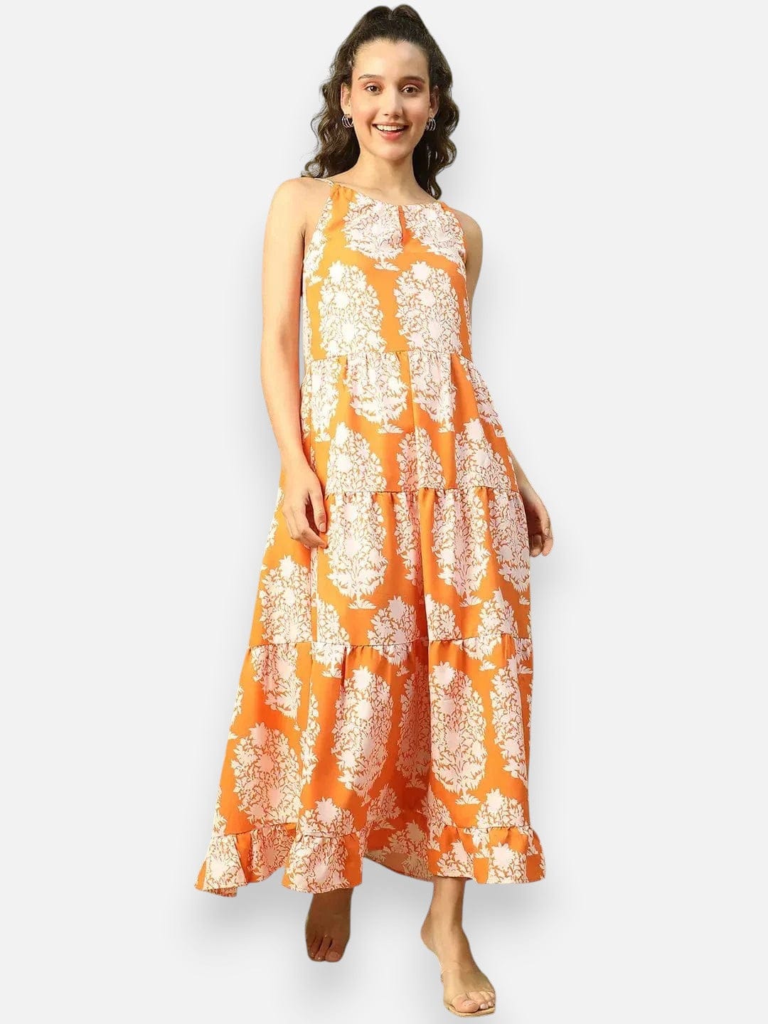 Orange Strap Print Dress