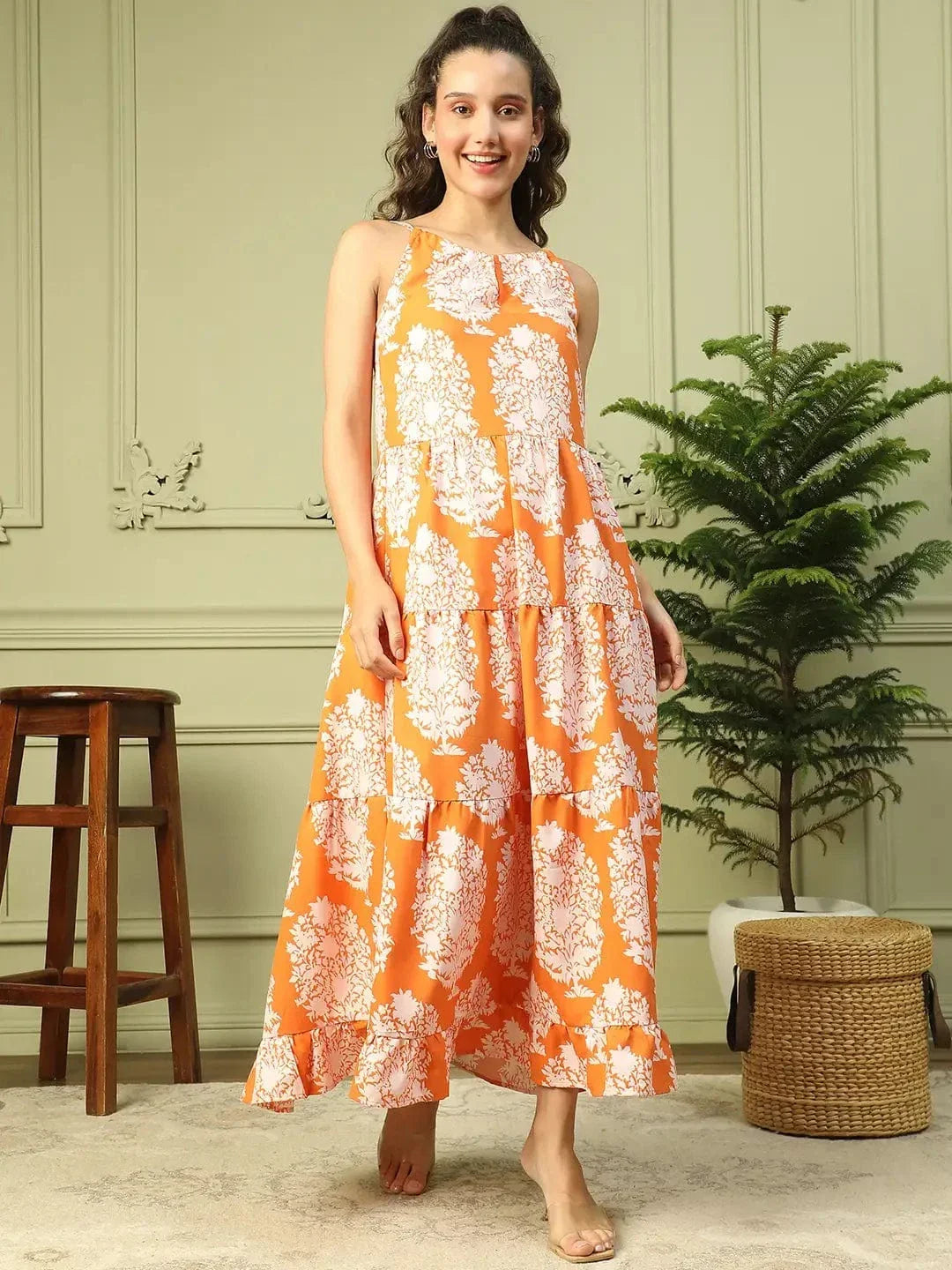 Glamorized Orange Tropical Print Shoulder Strap Long Flare Maxi Women Dress - oxolloxo