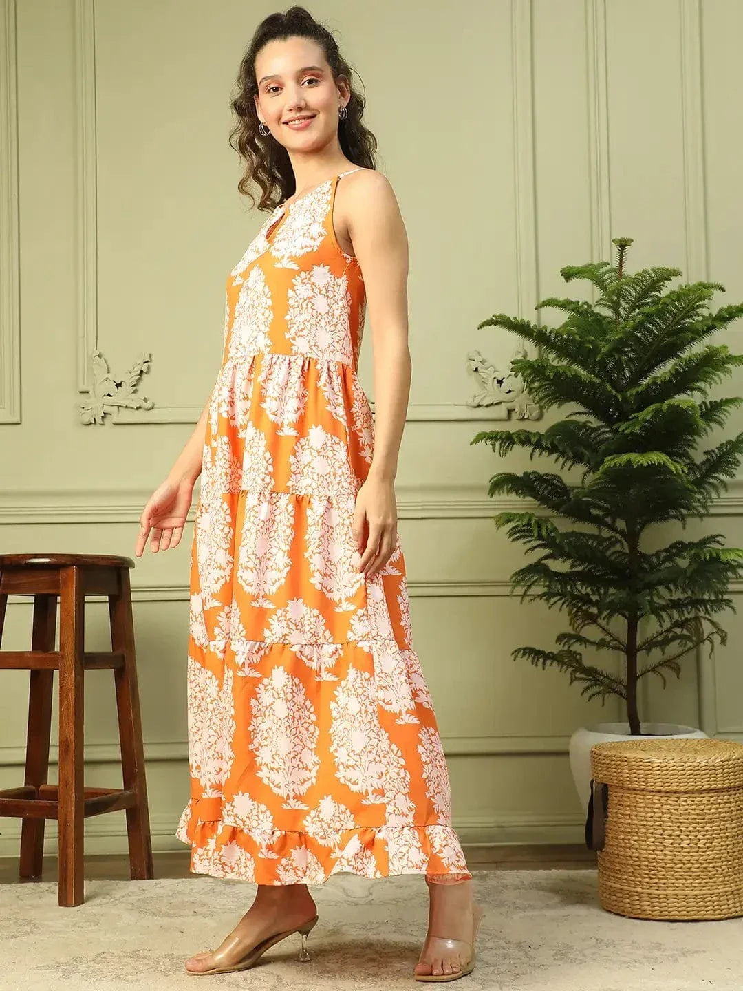 Glamorized Orange Tropical Print Shoulder Strap Long Flare Maxi Women Dress - oxolloxo