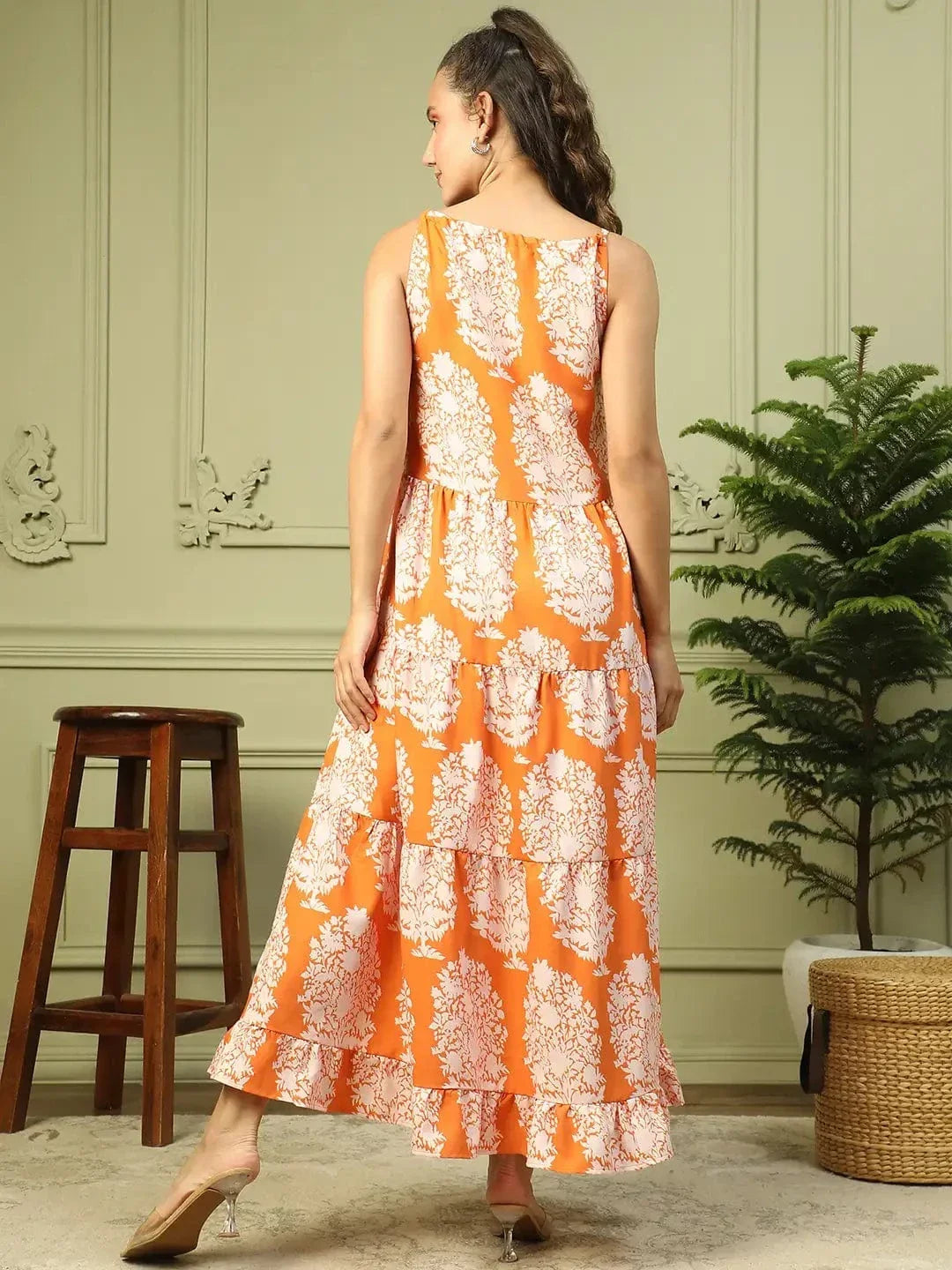 Glamorized Orange Tropical Print Shoulder Strap Long Flare Maxi Women Dress - oxolloxo