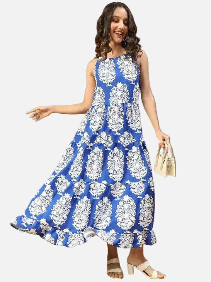 Blue Strap Print Dress