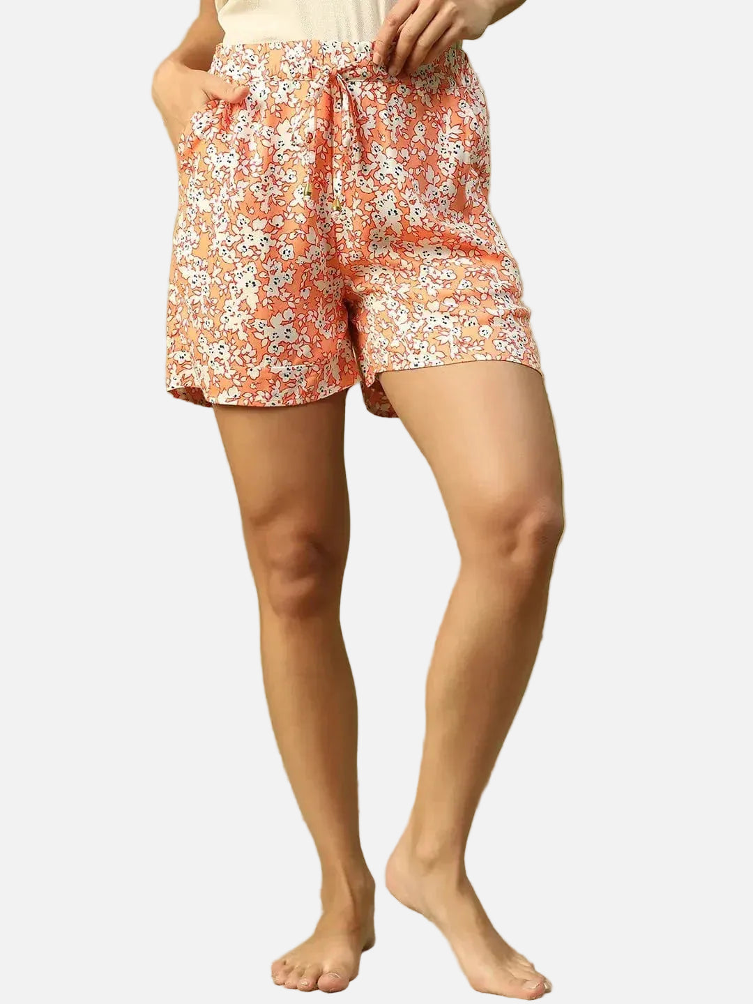 Bright Orange Printed Elasticated Waist with Tie-Up Detail Women Nightwear Shorts - oxolloxo