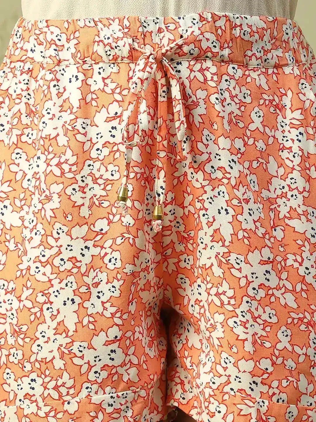 Bright Orange Printed Elasticated Waist with Tie-Up Detail Women Nightwear Shorts - oxolloxo