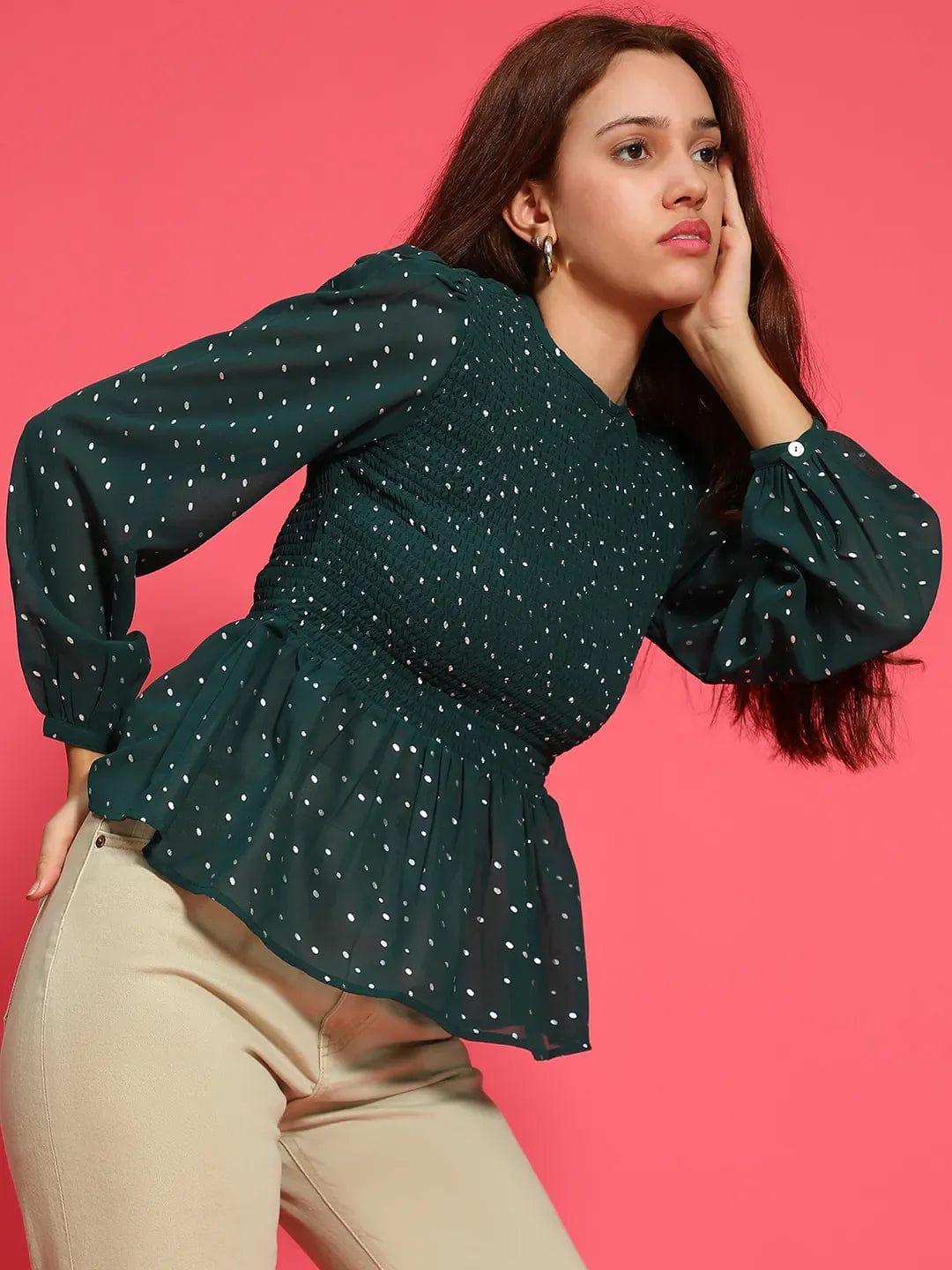 Women Green Foil Print Crop Top