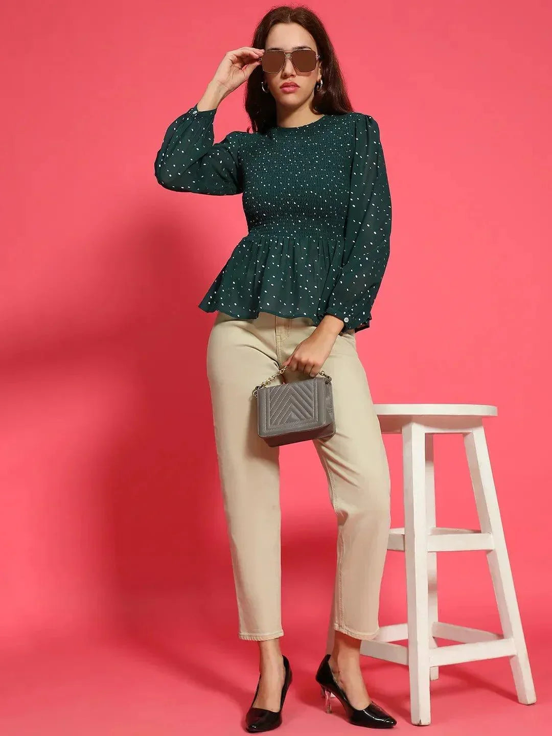 Women Green Foil Print Crop Top
