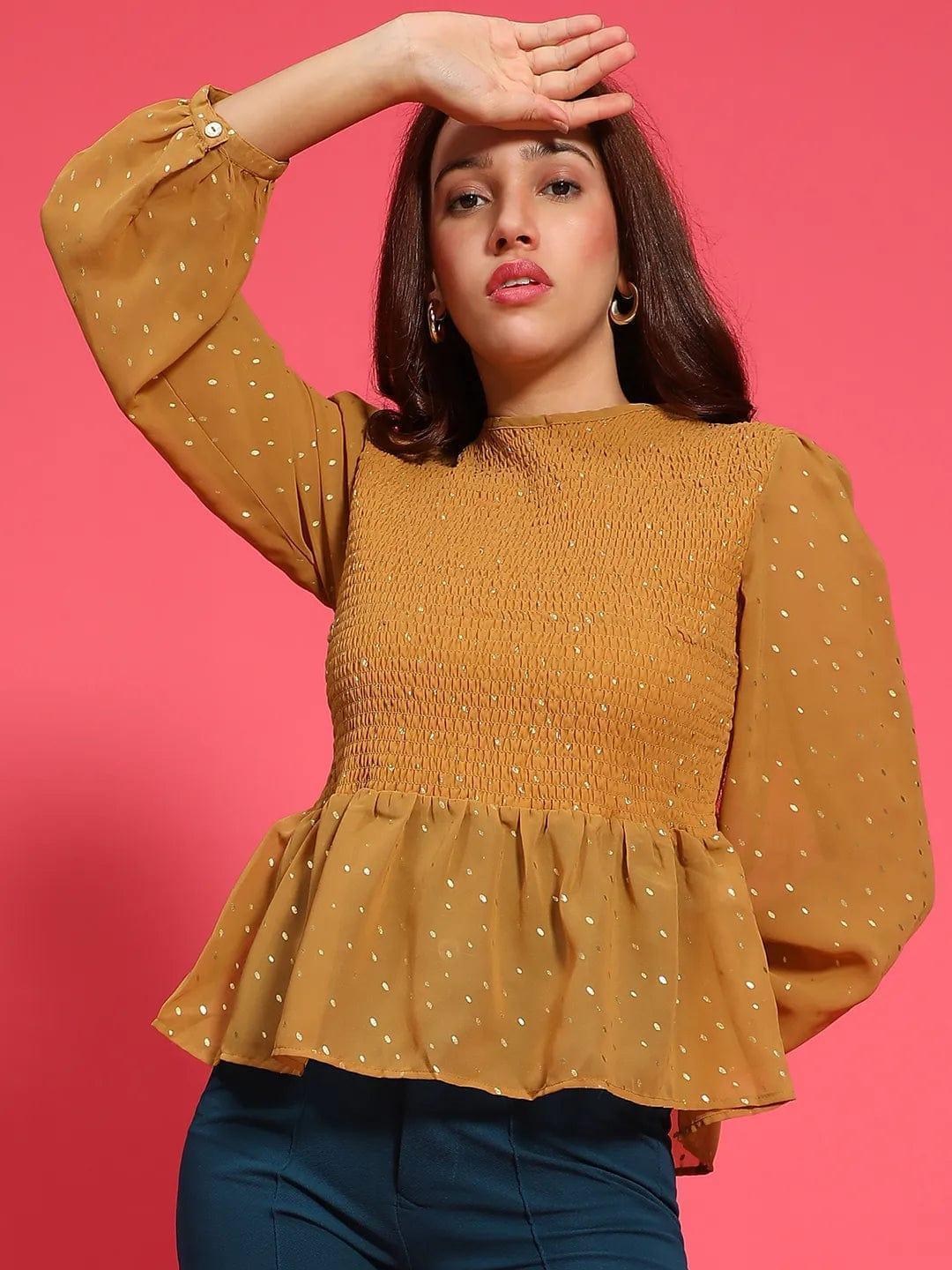 Magic Mustard Long Sleeve Smocked Women Peplum Top - oxolloxo