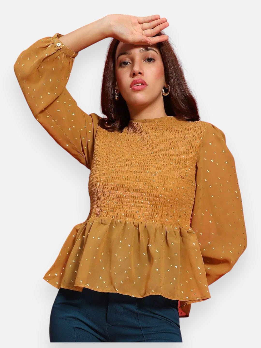 Women Mustard Foil Print Polyester Top