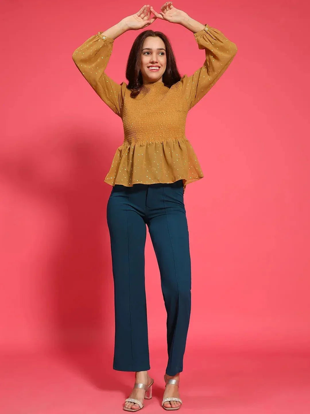 Magic Mustard Long Sleeve Smocked Women Peplum Top - oxolloxo