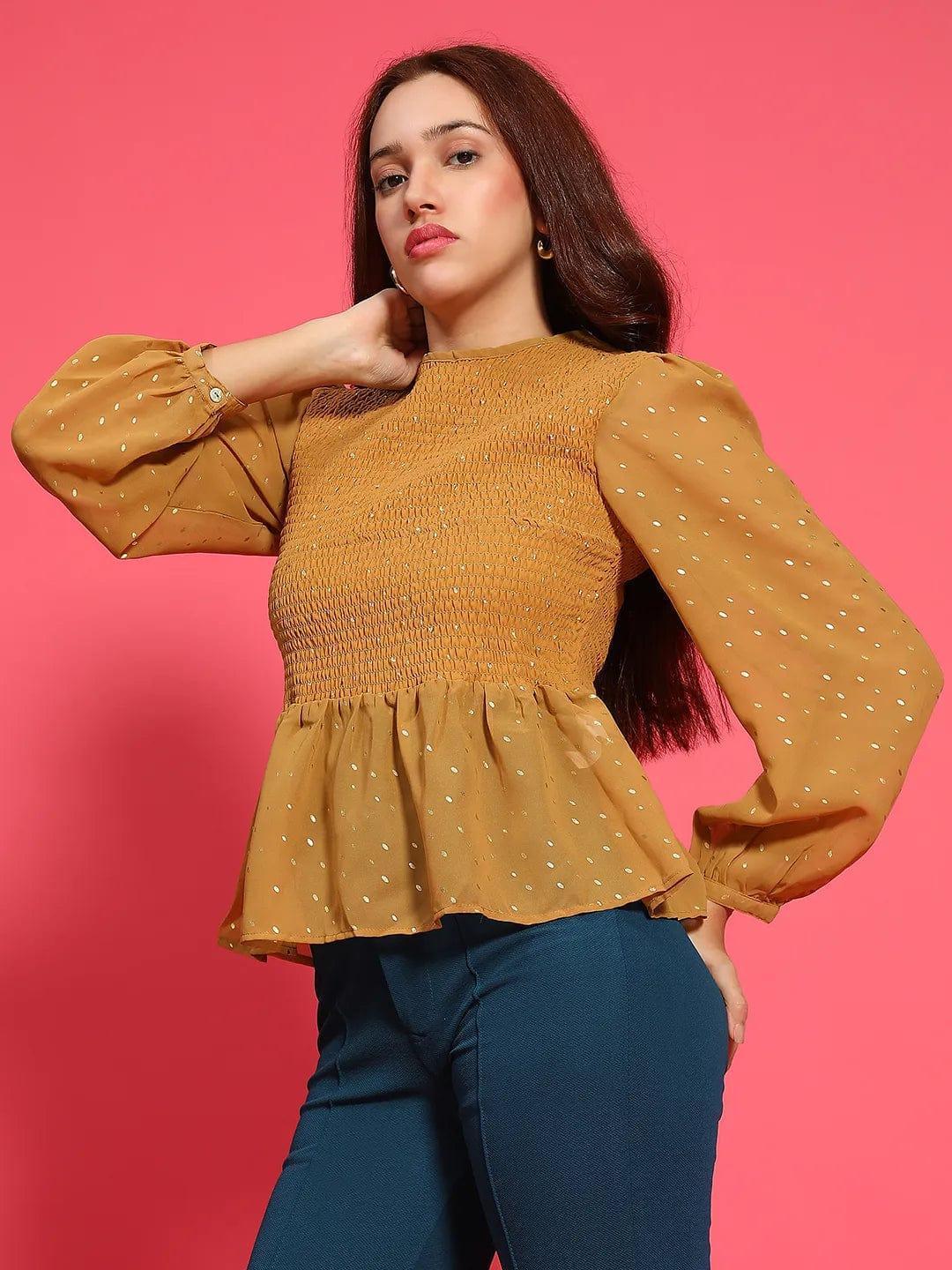 Magic Mustard Long Sleeve Smocked Women Peplum Top - oxolloxo