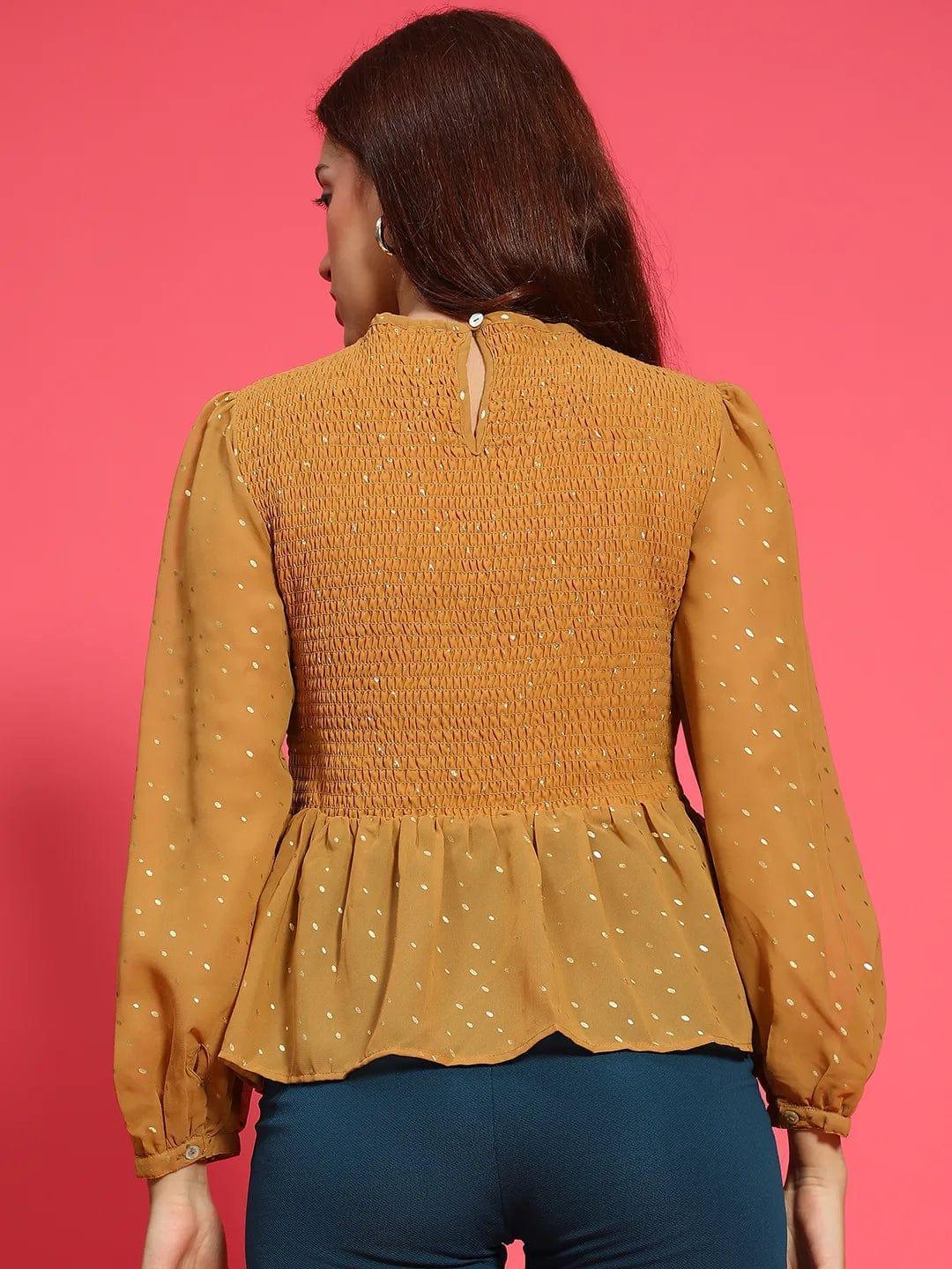 Magic Mustard Long Sleeve Smocked Women Peplum Top - oxolloxo