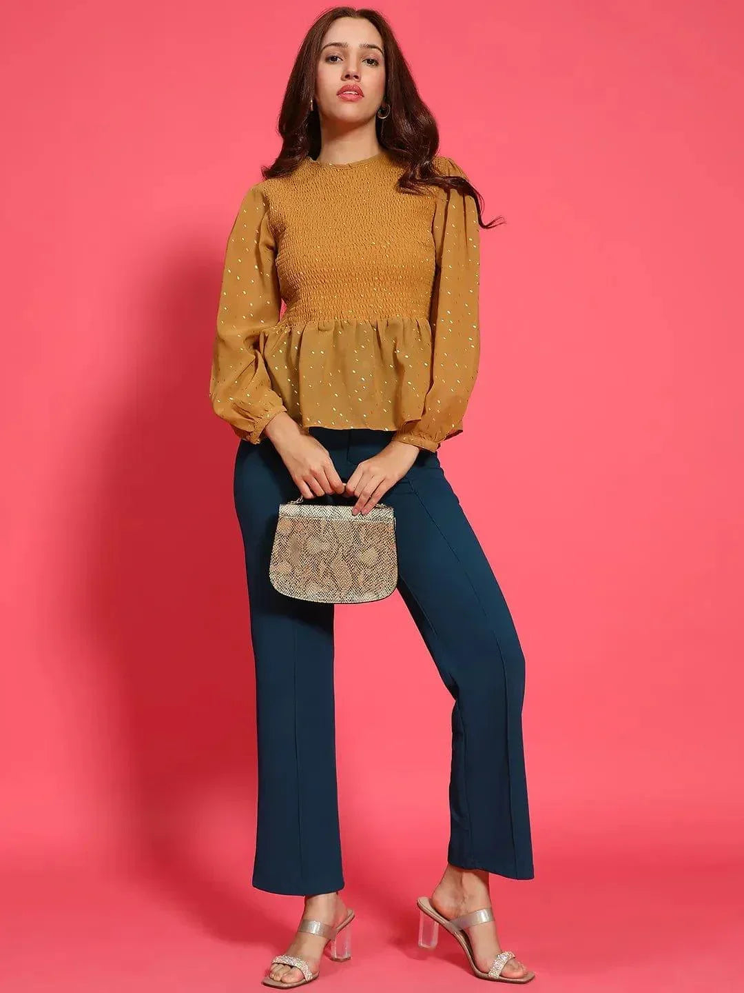 Magic Mustard Long Sleeve Smocked Women Peplum Top - oxolloxo