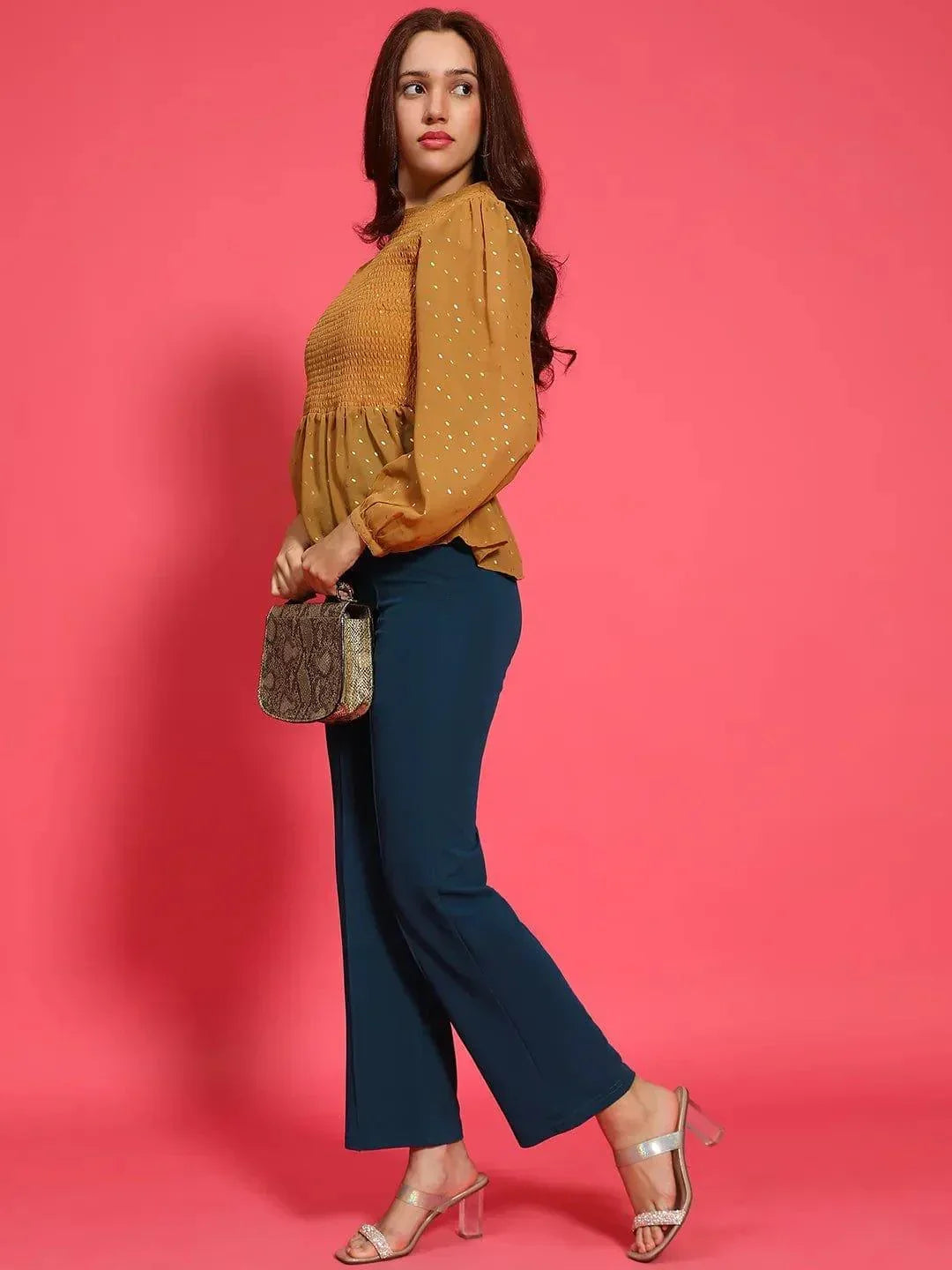 Magic Mustard Long Sleeve Smocked Women Peplum Top - oxolloxo
